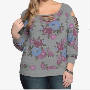 Torrid destroyed sleeve and neckline sweatshirt